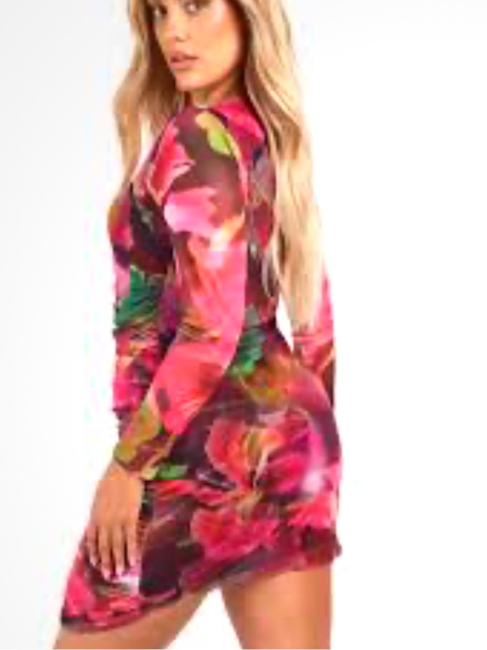 Boohoo plus Off Mesh Floral Ruched Maxi Dress Black colorful bodycon dress
